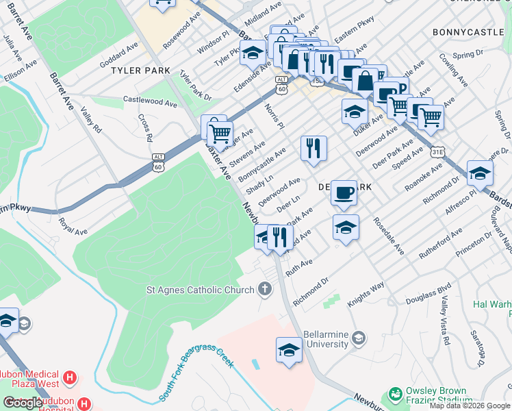 map of restaurants, bars, coffee shops, grocery stores, and more near 1613 Deerwood Avenue in Louisville