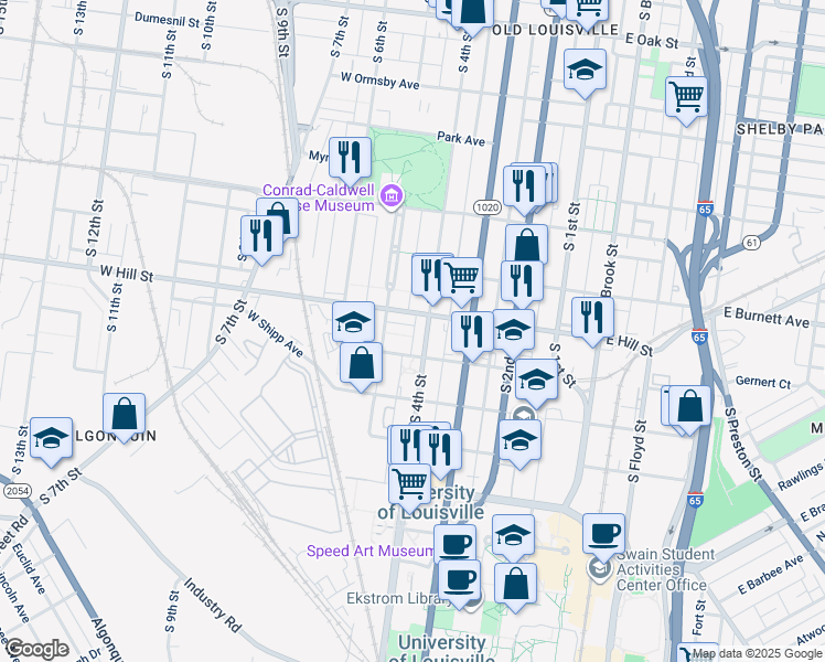 map of restaurants, bars, coffee shops, grocery stores, and more near 410 West Hill Street in Louisville