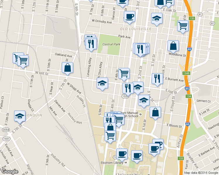 map of restaurants, bars, coffee shops, grocery stores, and more near 410 West Hill Street in Louisville