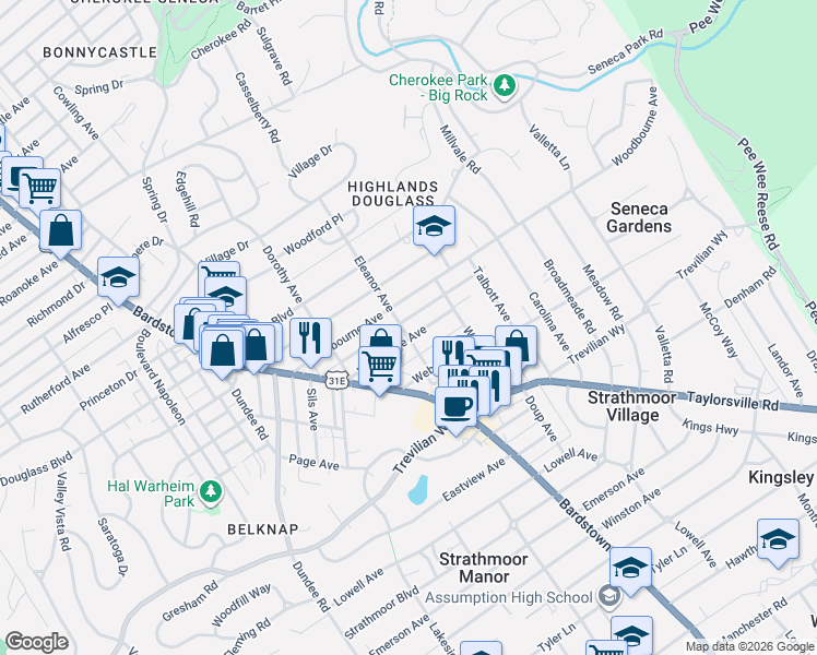 map of restaurants, bars, coffee shops, grocery stores, and more near 2213 Wrocklage Avenue in Louisville