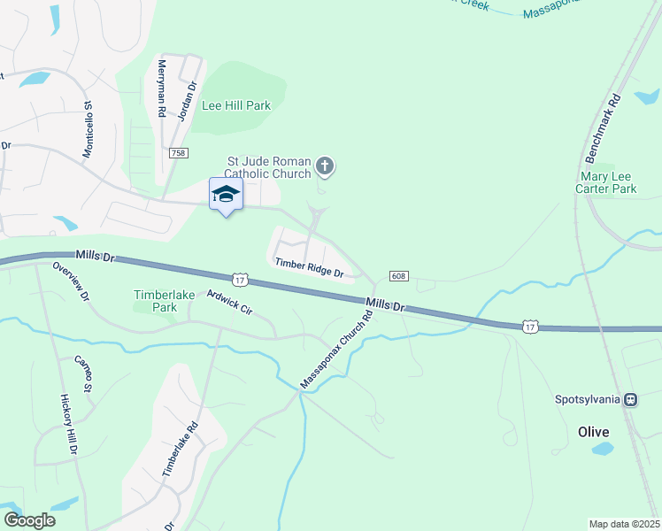 map of restaurants, bars, coffee shops, grocery stores, and more near 3529 Timber Ridge Drive in Fredericksburg
