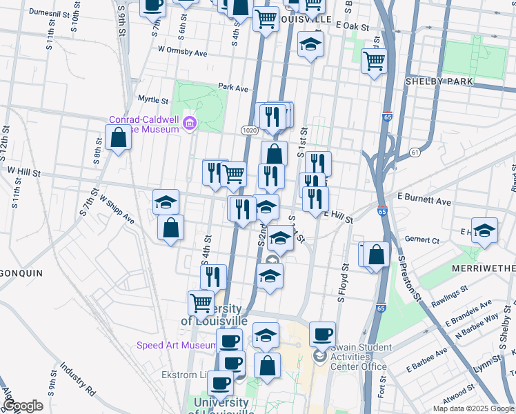 map of restaurants, bars, coffee shops, grocery stores, and more near 210 West Hill Street in Louisville