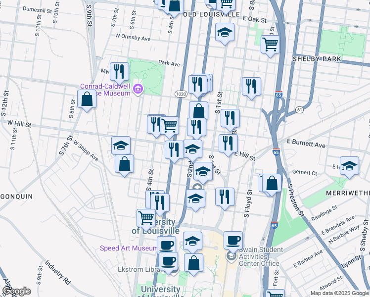 map of restaurants, bars, coffee shops, grocery stores, and more near 217 West Hill Street in Louisville