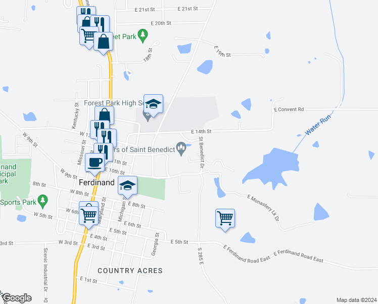 map of restaurants, bars, coffee shops, grocery stores, and more near 802 East 10th Street in Ferdinand
