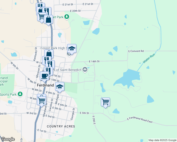 map of restaurants, bars, coffee shops, grocery stores, and more near 802 East 10th Street in Ferdinand
