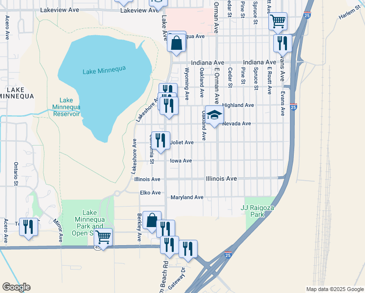 map of restaurants, bars, coffee shops, grocery stores, and more near 2411 Wyoming Avenue in Pueblo