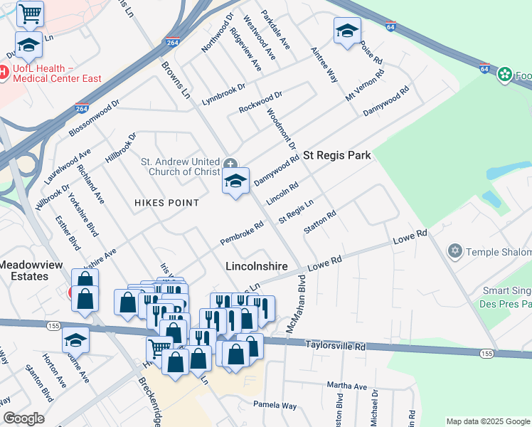 map of restaurants, bars, coffee shops, grocery stores, and more near 2707 Browns Lane in Louisville