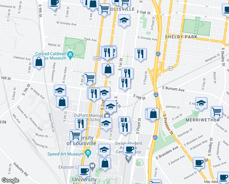 map of restaurants, bars, coffee shops, grocery stores, and more near 1473 South 1st Street in Louisville