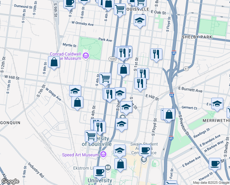 map of restaurants, bars, coffee shops, grocery stores, and more near 217 West Hill Street in Louisville