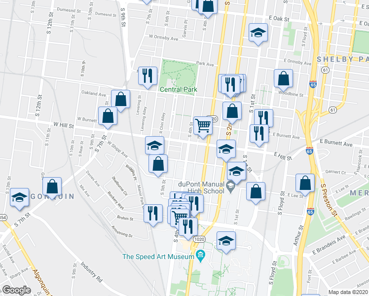 map of restaurants, bars, coffee shops, grocery stores, and more near 410 West Hill Street in Louisville