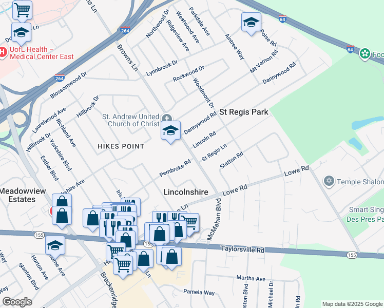 map of restaurants, bars, coffee shops, grocery stores, and more near 2700 Browns Lane in Louisville