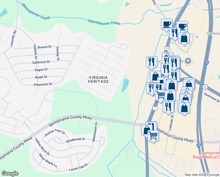 map of restaurants, bars, coffee shops, grocery stores, and more near 5207 East Philippi Place in Fredericksburg