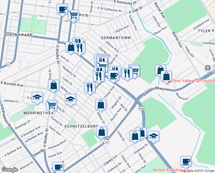 map of restaurants, bars, coffee shops, grocery stores, and more near 1128 Goss Avenue in Louisville
