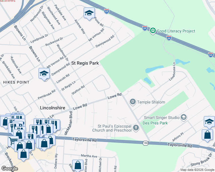 map of restaurants, bars, coffee shops, grocery stores, and more near 2816 Milburn Avenue in Louisville