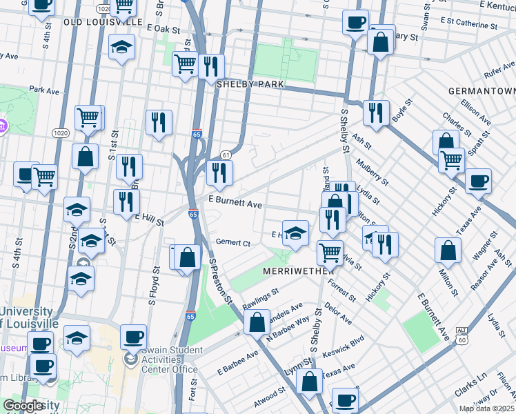 map of restaurants, bars, coffee shops, grocery stores, and more near 529 East Burnett Avenue in Louisville