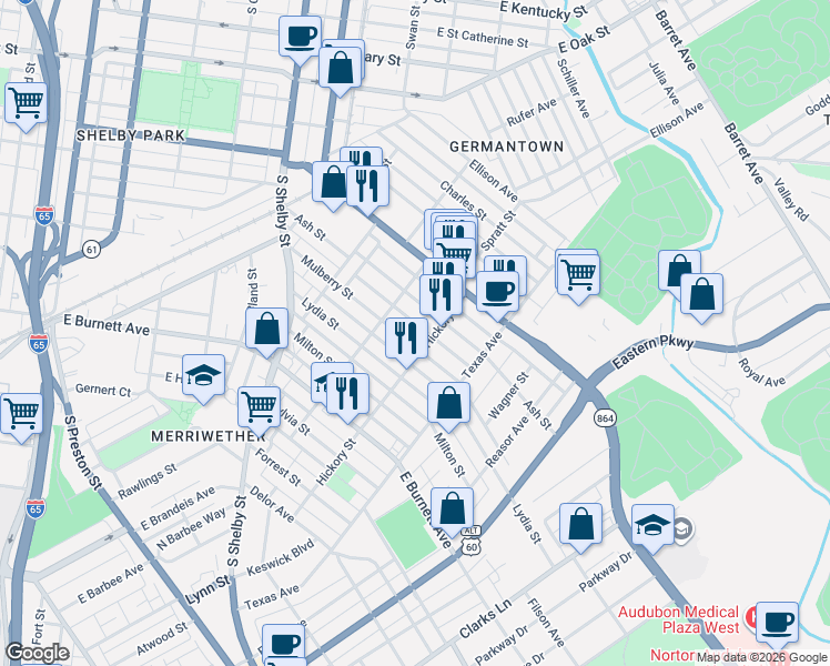 map of restaurants, bars, coffee shops, grocery stores, and more near 1025 Mulberry Street in Louisville