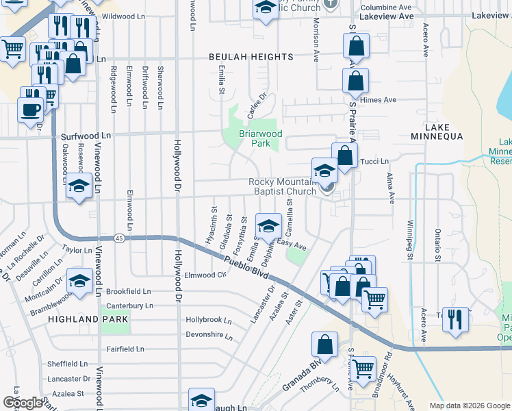 map of restaurants, bars, coffee shops, grocery stores, and more near 2500 Emilia Street in Pueblo