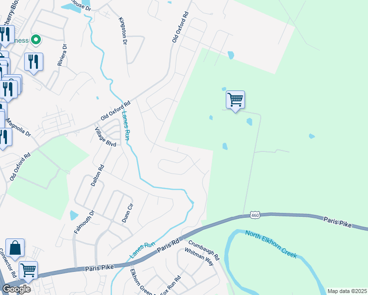 map of restaurants, bars, coffee shops, grocery stores, and more near 108 Paris Pike in Georgetown