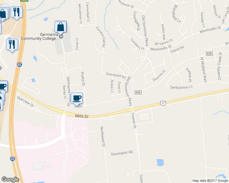 map of restaurants, bars, coffee shops, grocery stores, and more near 9515 Airdrie Lane in Fredericksburg