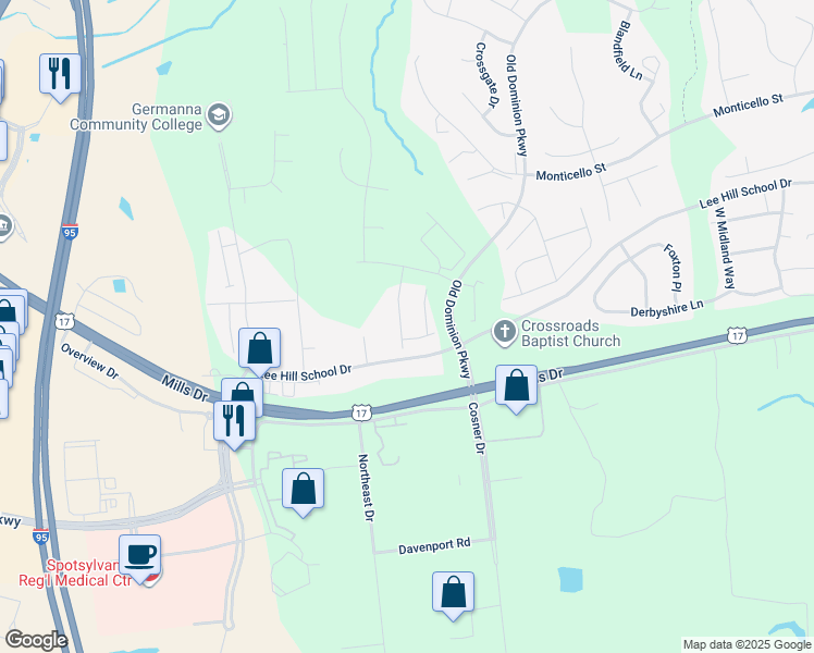 map of restaurants, bars, coffee shops, grocery stores, and more near 9515 Airdrie Lane in Fredericksburg