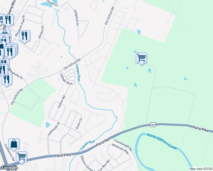 map of restaurants, bars, coffee shops, grocery stores, and more near 108 Paris Pike in Georgetown