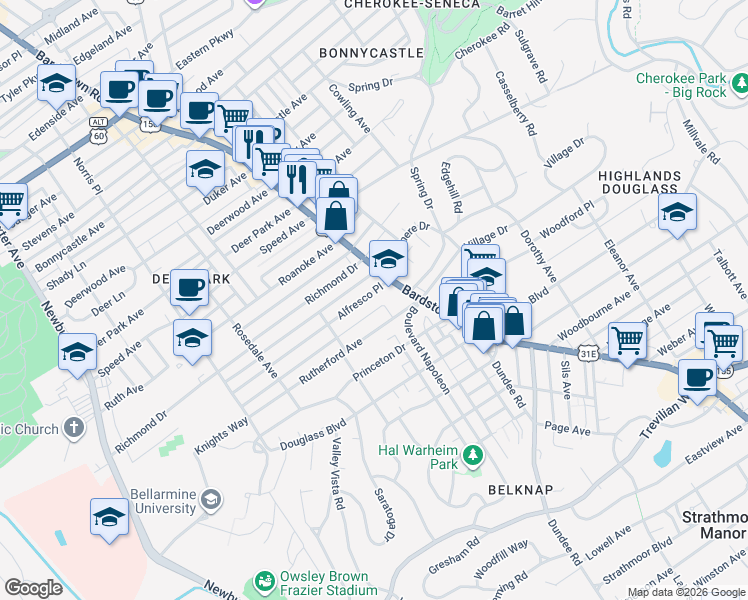 map of restaurants, bars, coffee shops, grocery stores, and more near 1932 Alfresco Place in Louisville