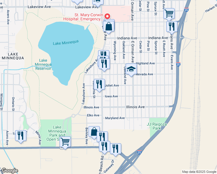map of restaurants, bars, coffee shops, grocery stores, and more near 2411 Wyoming Avenue in Pueblo