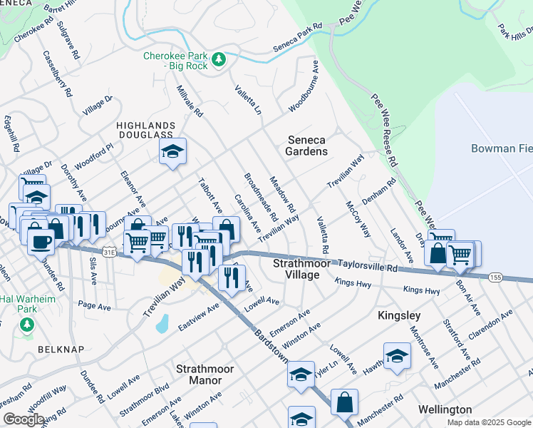 map of restaurants, bars, coffee shops, grocery stores, and more near 2508 Broadmeade Road in Louisville