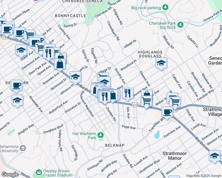 map of restaurants, bars, coffee shops, grocery stores, and more near 2034 Woodford Place in Louisville