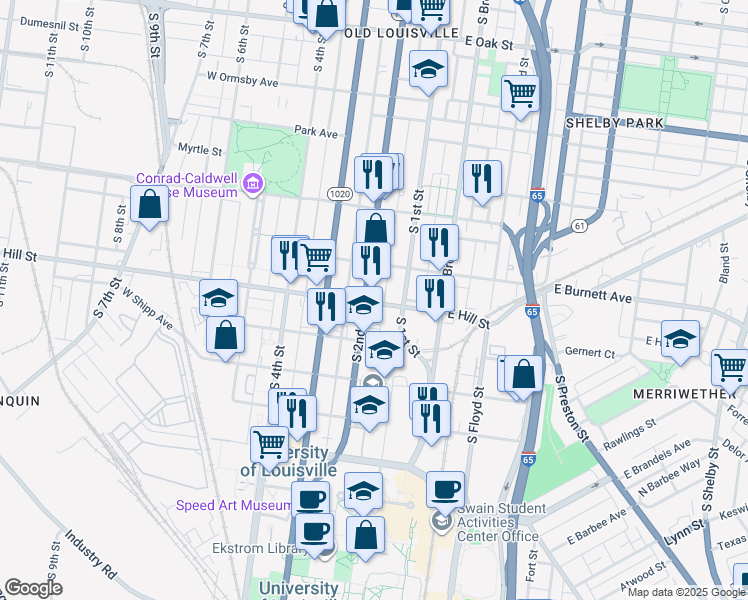 map of restaurants, bars, coffee shops, grocery stores, and more near 1471 South 2nd Street in Louisville