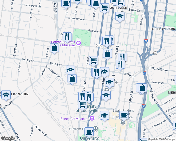 map of restaurants, bars, coffee shops, grocery stores, and more near 315 West Hill Street in Louisville