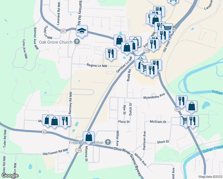 map of restaurants, bars, coffee shops, grocery stores, and more near 1999 Gardner Lane Northwest in Corydon