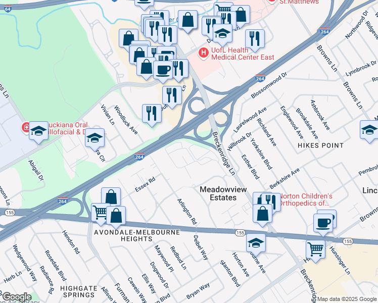 map of restaurants, bars, coffee shops, grocery stores, and more near 133 Breckinridge Square in Louisville