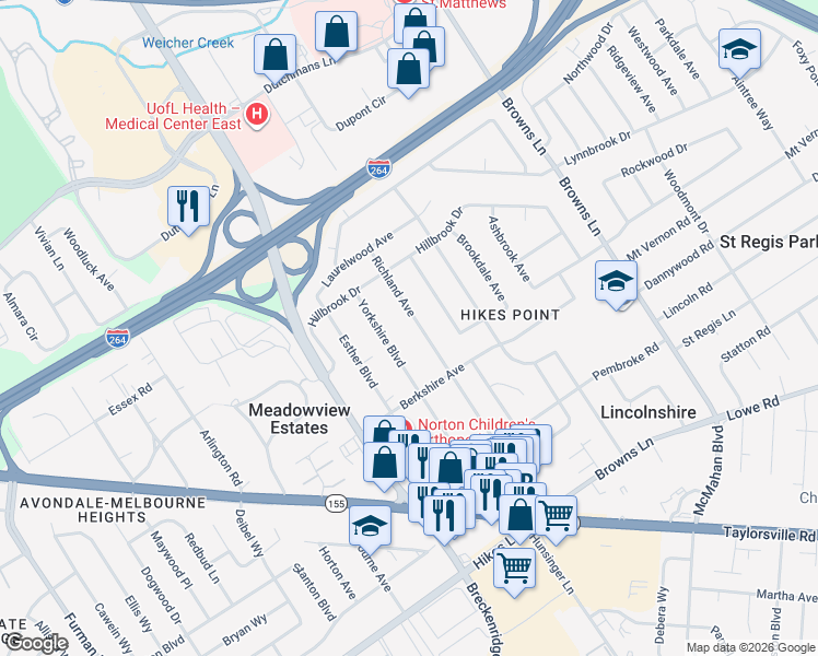 map of restaurants, bars, coffee shops, grocery stores, and more near 2817 Richland Avenue in Louisville