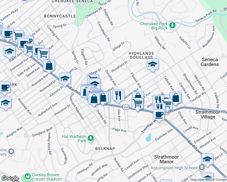 map of restaurants, bars, coffee shops, grocery stores, and more near 2100 Douglass Boulevard in Louisville