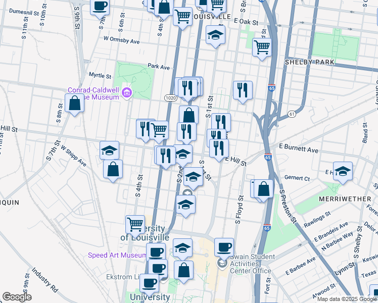 map of restaurants, bars, coffee shops, grocery stores, and more near 1471 South 2nd Street in Louisville