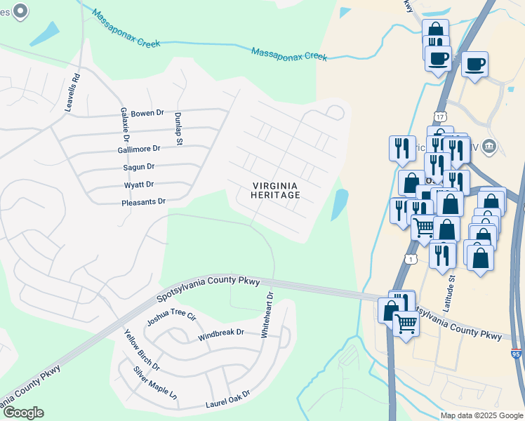 map of restaurants, bars, coffee shops, grocery stores, and more near 5033 Sewells Pointe Way in Fredericksburg