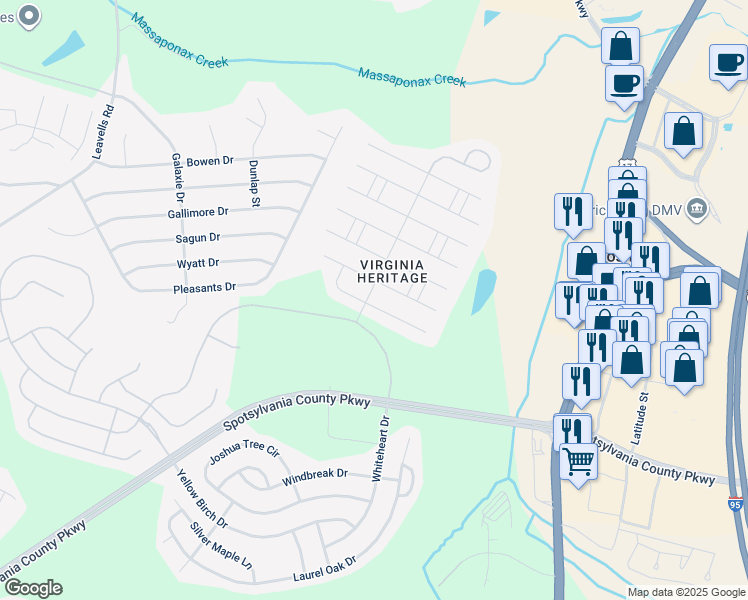 map of restaurants, bars, coffee shops, grocery stores, and more near 5033 Sewells Pointe Way in Fredericksburg