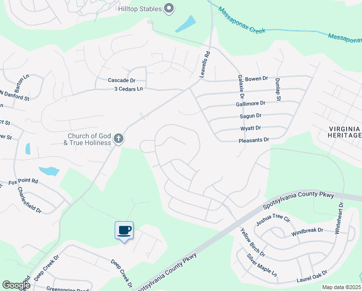 map of restaurants, bars, coffee shops, grocery stores, and more near 9800 White Oak Swamp Court in Fredericksburg