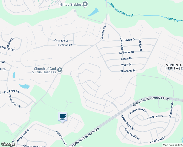map of restaurants, bars, coffee shops, grocery stores, and more near 9800 White Oak Swamp Court in Fredericksburg