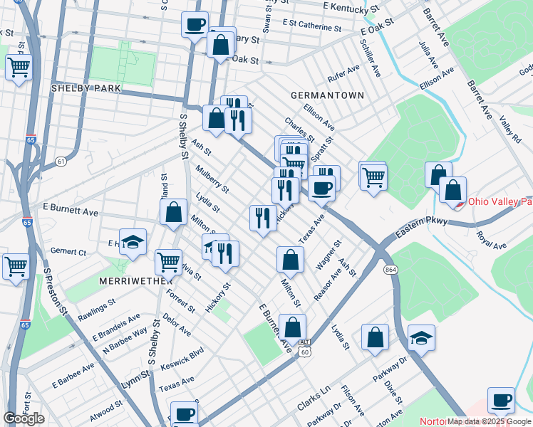 map of restaurants, bars, coffee shops, grocery stores, and more near 1025 Mulberry Street in Louisville