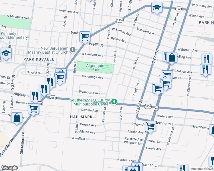 map of restaurants, bars, coffee shops, grocery stores, and more near 1804 Cypress Street in Louisville