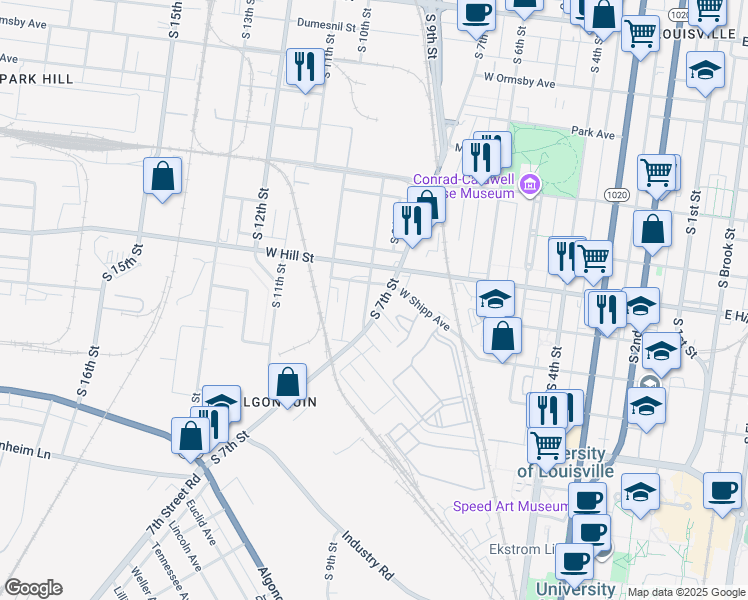 map of restaurants, bars, coffee shops, grocery stores, and more near 1512 South 7th Street in Louisville
