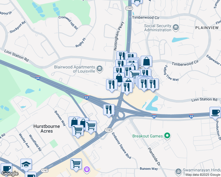 map of restaurants, bars, coffee shops, grocery stores, and more near 9608 Blairwood Road in Louisville