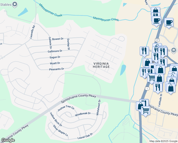 map of restaurants, bars, coffee shops, grocery stores, and more near 5108 Sewells Pointe Drive in Fredericksburg