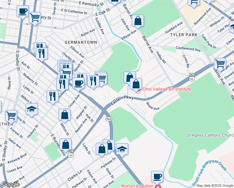 map of restaurants, bars, coffee shops, grocery stores, and more near 1298 Parkway Gardens Court in Louisville