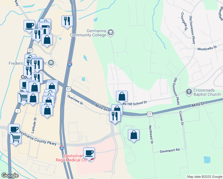 map of restaurants, bars, coffee shops, grocery stores, and more near 9828 Bartley Court in Fredericksburg