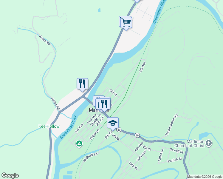 map of restaurants, bars, coffee shops, grocery stores, and more near 121 6th Street in Marlinton