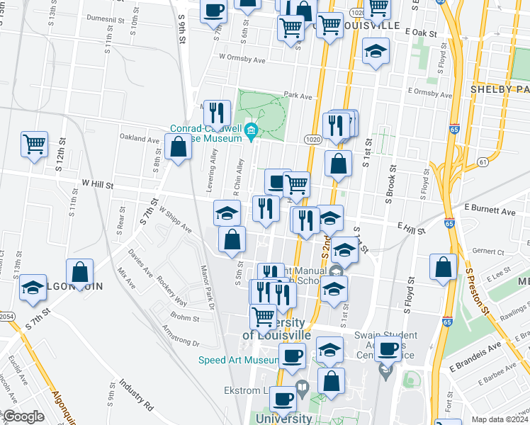 map of restaurants, bars, coffee shops, grocery stores, and more near 410 West Hill Street in Louisville