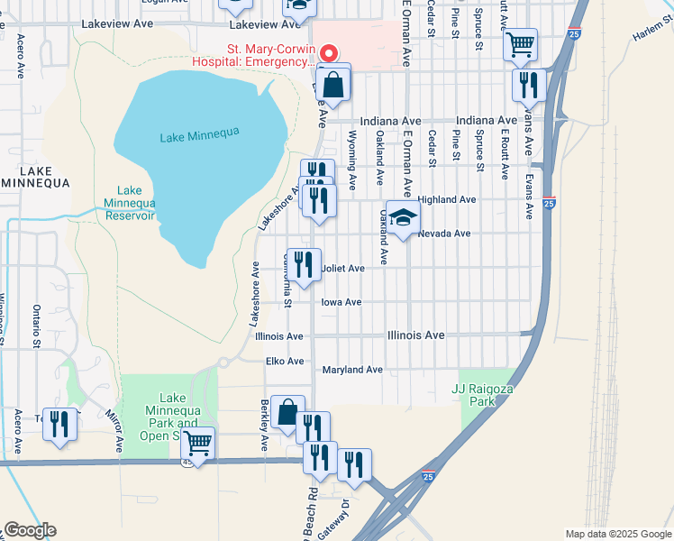 map of restaurants, bars, coffee shops, grocery stores, and more near 2411 Wyoming Avenue in Pueblo